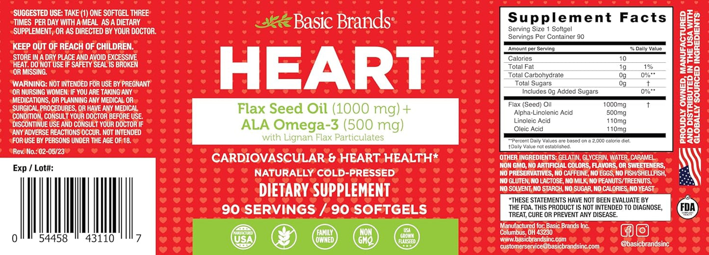 Flax Seed Oil and Ala Omega-3 Capsules - 90 Count for Heart Health