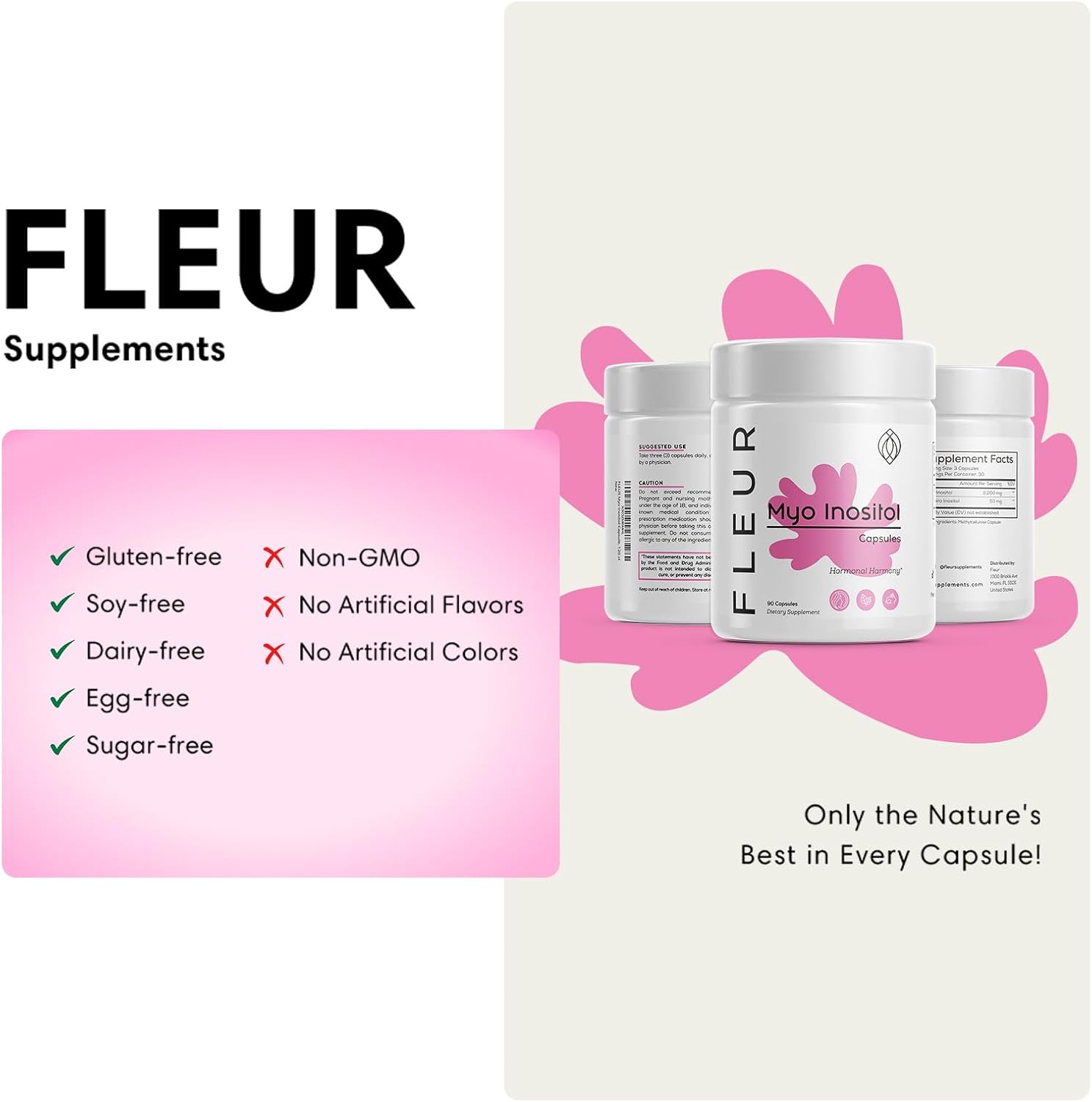 FLEUR Inositol Capsules for Women, Hormone Balance & Ovarian Function Support, PCOS Symptom Relief, Regulates Menstrual Cycle, Non-GMO Vegan, 90ct