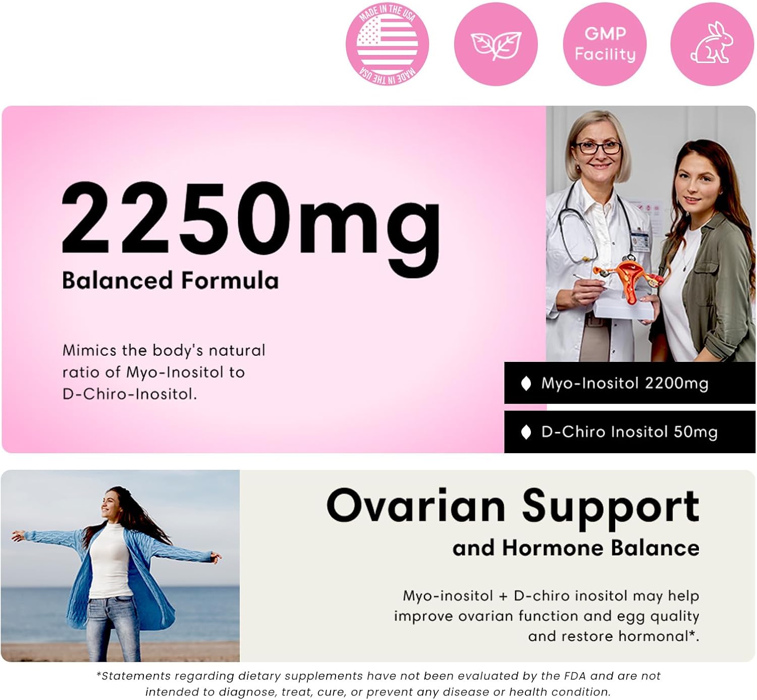 FLEUR Inositol Capsules for Women, Hormone Balance & Ovarian Function Support, PCOS Symptom Relief, Regulates Menstrual Cycle, Non-GMO Vegan, 90ct