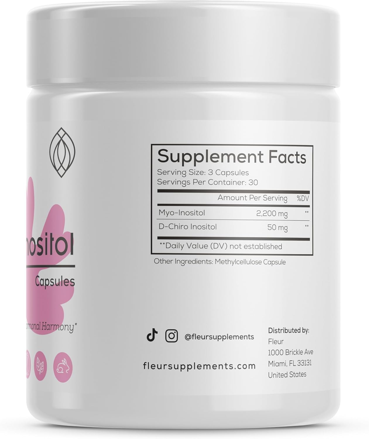 FLEUR Inositol Capsules for Women, Hormone Balance & Ovarian Function Support, PCOS Symptom Relief, Regulates Menstrual Cycle, Non-GMO Vegan, 90ct