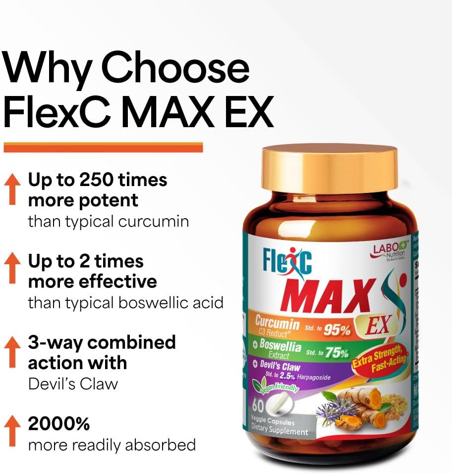 FlexC MAX EX: Turmeric Curcumin C3 Reduct 95% Tetrahydrocurcuminoids, Bioperine, Boswellia & Devil’s Claw for Antioxidation & Joint Relief