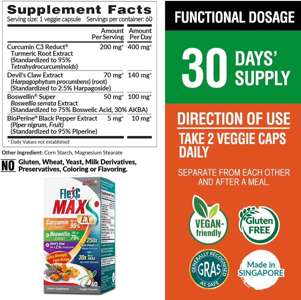 FlexC MAX EX: Turmeric Curcumin C3 Reduct 95% Tetrahydrocurcuminoids, Bioperine, Boswellia & Devil’s Claw for Antioxidation & Joint Relief