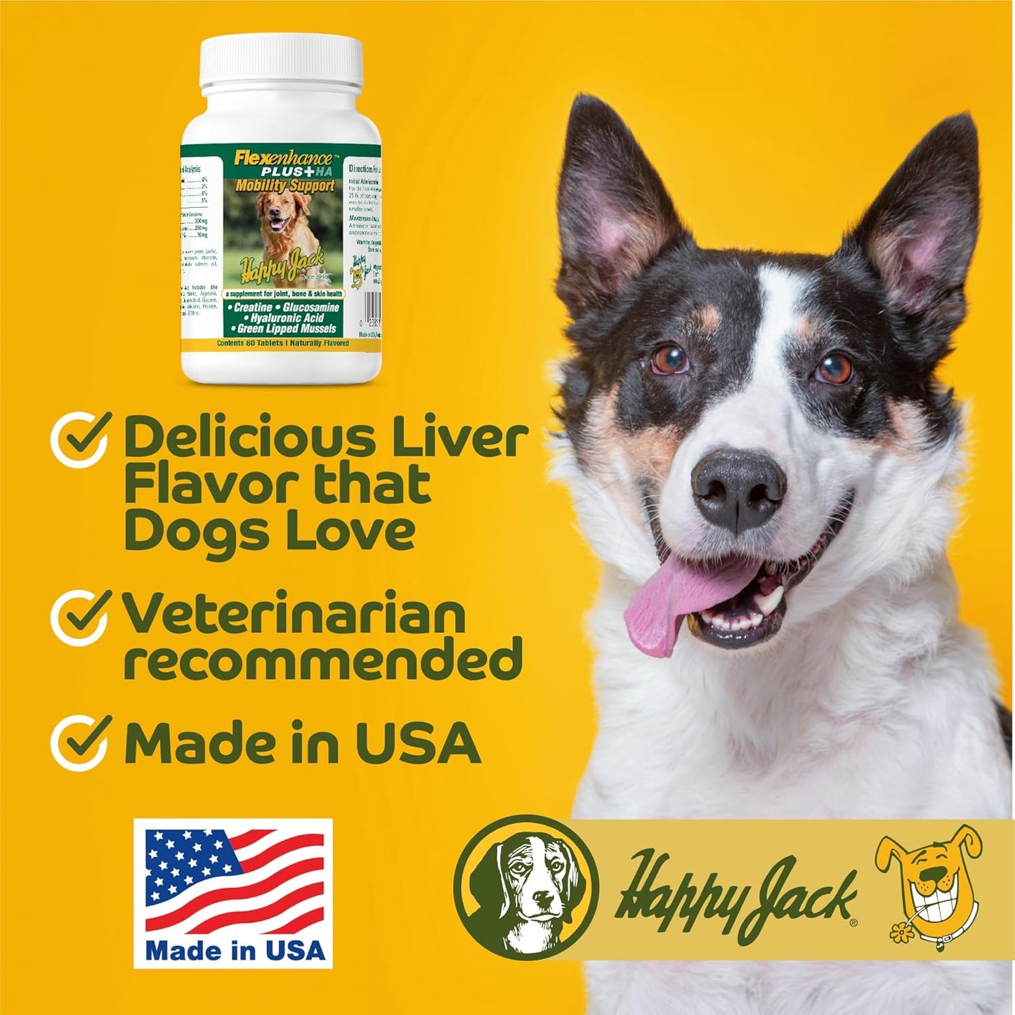 Flexenhance Dog Hip and Joint Supplement with Skin & Coat Support - 80 Chewable Tabs, Improve Flexibility & Mobility - Glucosamine, Green Lipped Mussel, Fish Oil