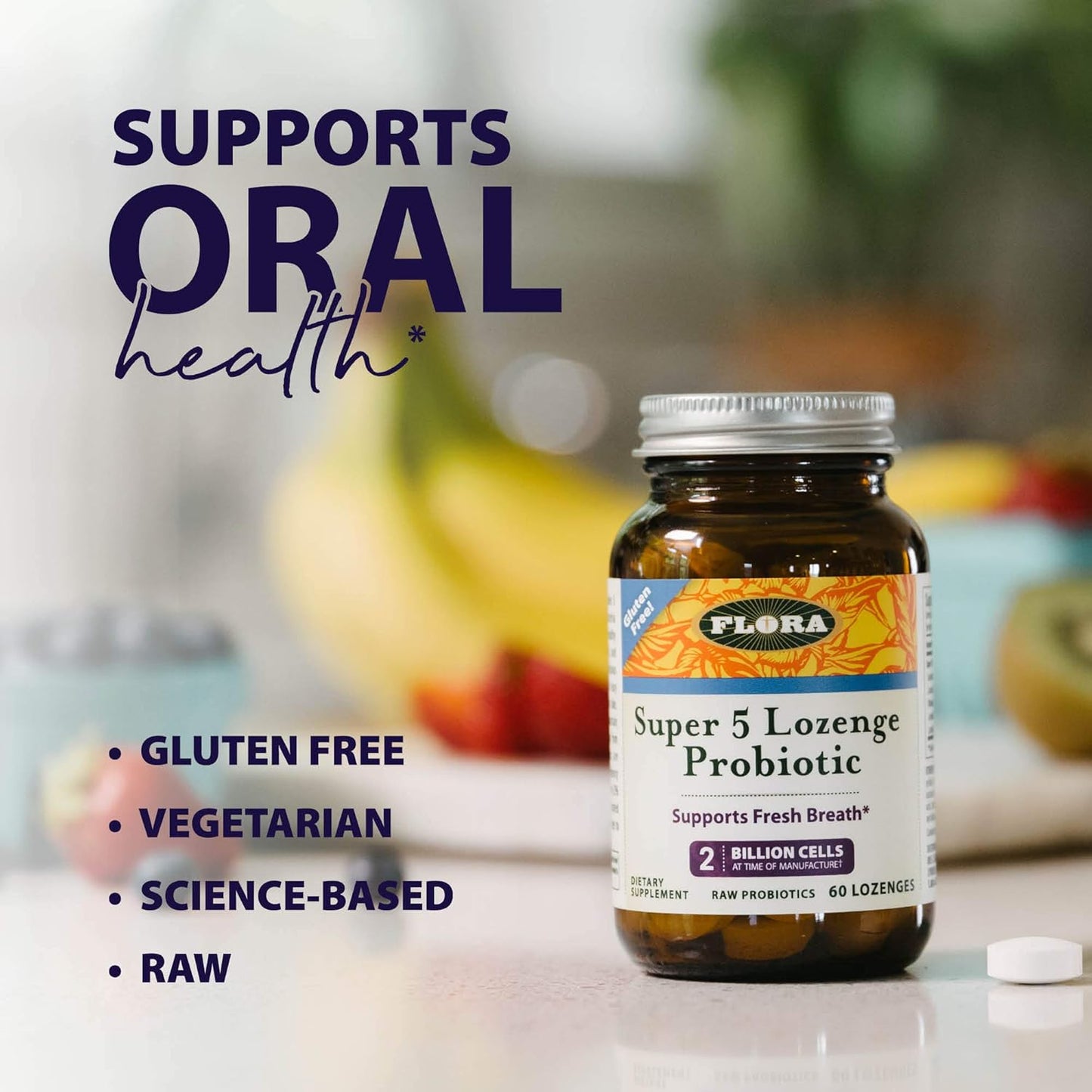 Flora Super 5 Raspberry Flavored Probiotic Lozenges - Oral Probiotic for Bad Breath, 2 Billion CFU, Gut Health, 60 Lozenges