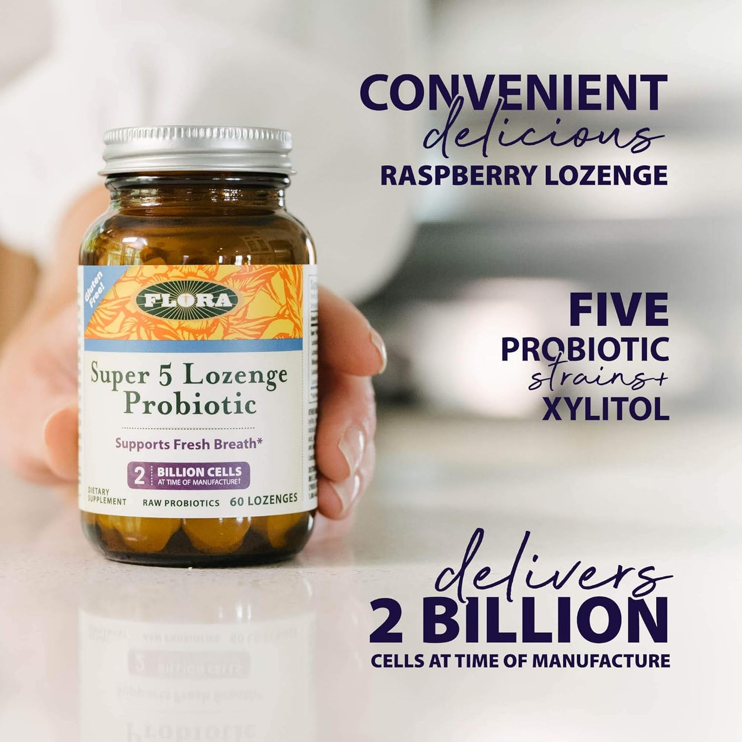 Flora Super 5 Raspberry Flavored Probiotic Lozenges - Oral Probiotic for Bad Breath, 2 Billion CFU, Gut Health, 60 Lozenges