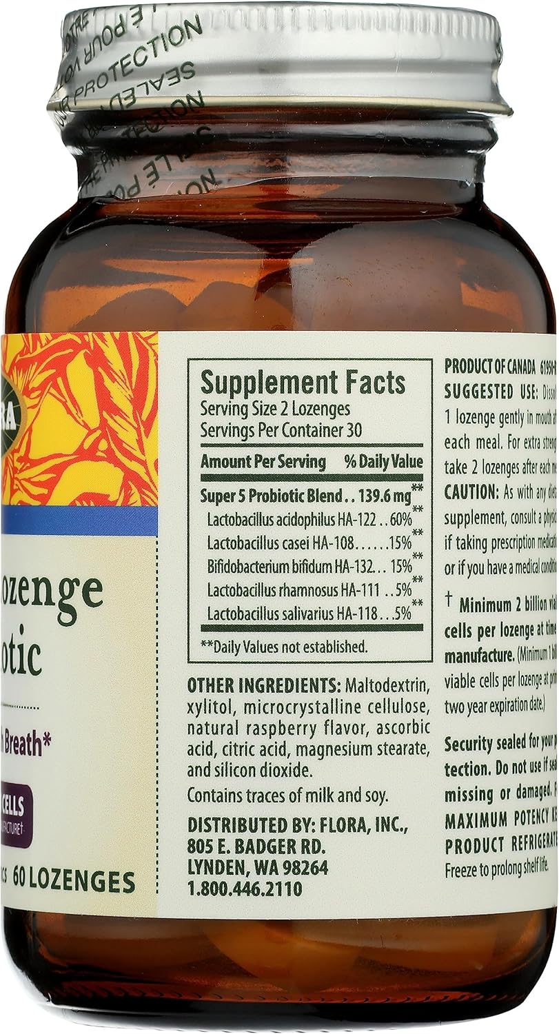 Flora Super 5 Raspberry Flavored Probiotic Lozenges - Oral Probiotic for Bad Breath, 2 Billion CFU, Gut Health, 60 Lozenges