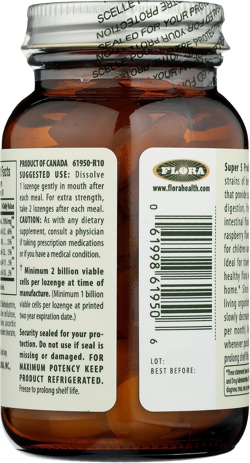 Flora Super 5 Raspberry Flavored Probiotic Lozenges - Oral Probiotic for Bad Breath, 2 Billion CFU, Gut Health, 60 Lozenges