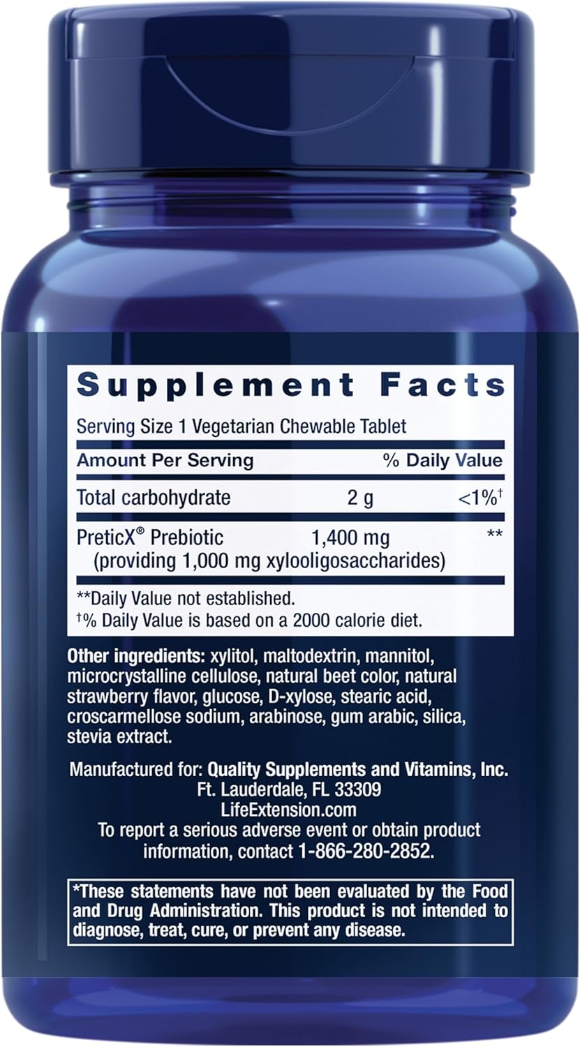 FLORASSIST® Prebiotic Chewable Strawberry Tablets - 1000mg Xylooligosaccharides, Gut Flora Fuel Supplement, Gluten-Free, Non-GMO, Vegetarian - 60 Tablets