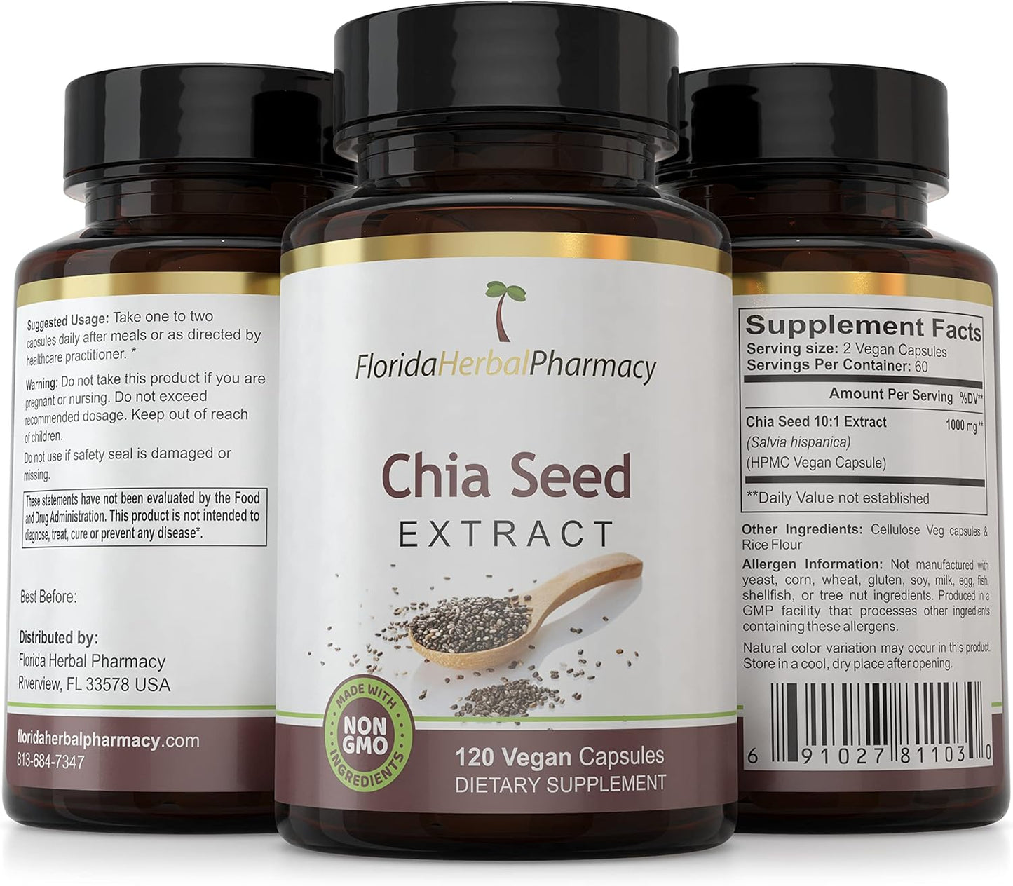 Florida Herbal Pharmacy Chia Seed Extract Capsules 10:1 - 120 Capsules, 500 mg - Pure and Natural Dietary Supplement from Florida Herbal Pharmacy