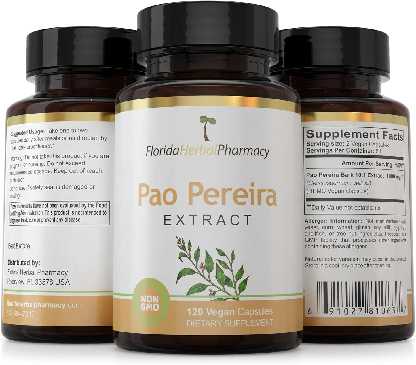 Florida Herbal Pharmacy Pao Pereira Bark Extract Capsules 500mg - 120 Capsules - 10:1 Extract Ratio - 1000mg Serving Size