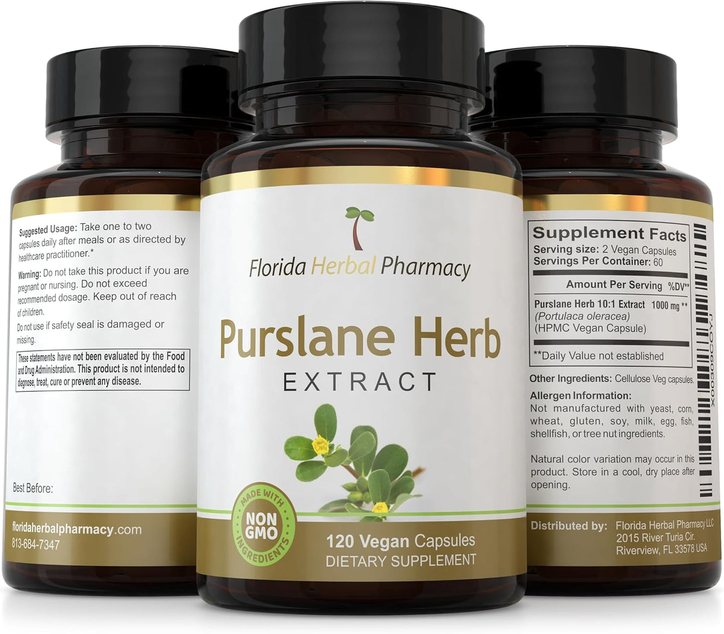 Florida Herbal Pharmacy Purslane Herb Extract Capsules 10:1 (120 Capsules) - 500mg per Capsule, 1000mg Serving Size