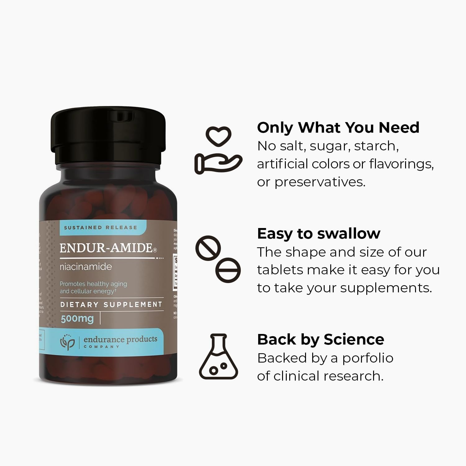 Flush-Free Endur-Amide NAD+ Niacinamide Vitamin B3 500mg Tablets - Energy Supplements for Men and Women, Optimal Absorption