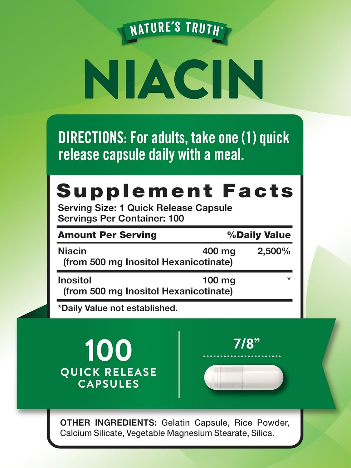 Flush Free Niacin 500mg Capsules - 100 Count, Non-GMO & Gluten Free Supplement by Nature's Truth