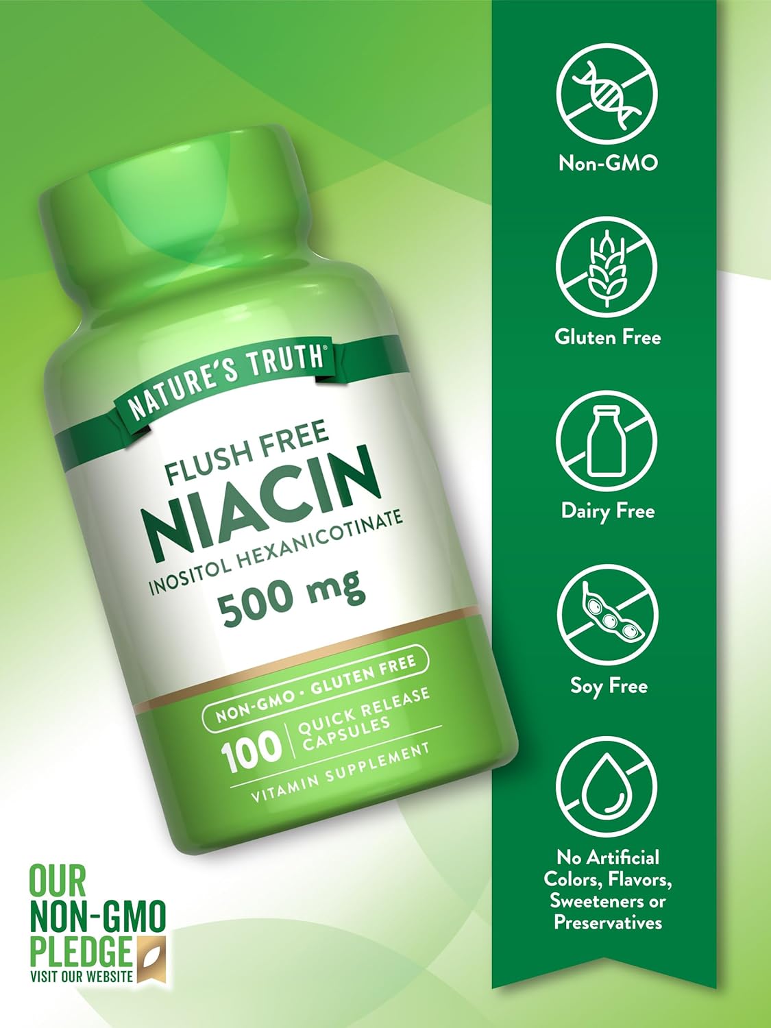 Flush Free Niacin 500mg Capsules - 100 Count, Non-GMO & Gluten Free Supplement by Nature's Truth