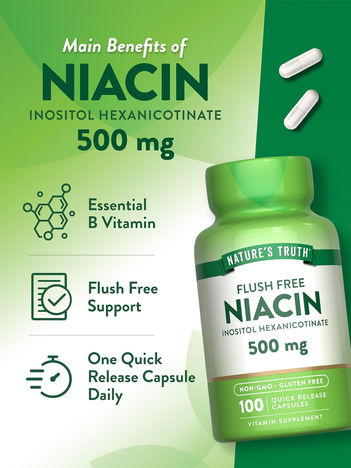 Flush Free Niacin 500mg Capsules - 100 Count, Non-GMO & Gluten Free Supplement by Nature's Truth