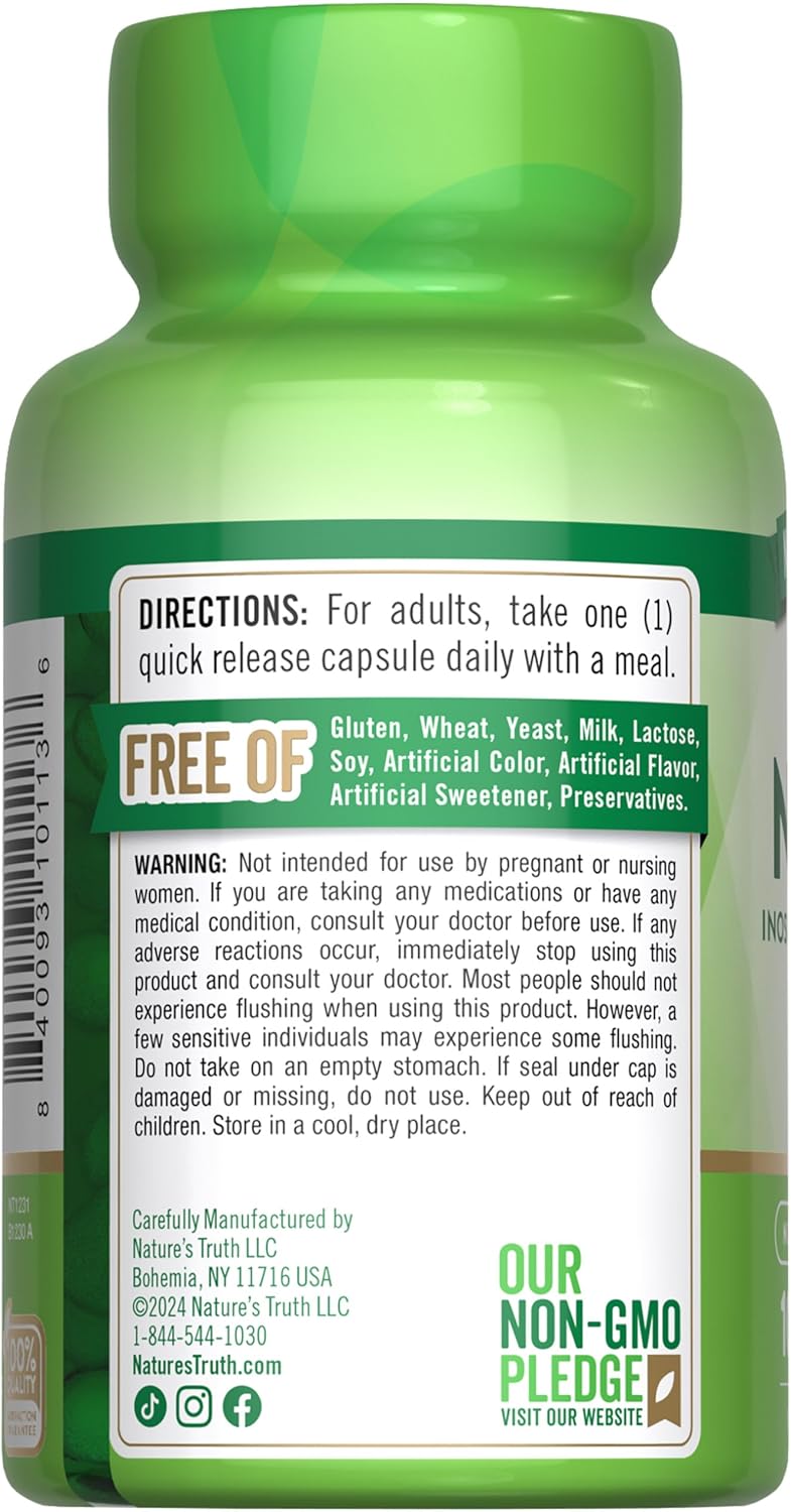 Flush Free Niacin 500mg Capsules - 100 Count, Non-GMO & Gluten Free Supplement by Nature's Truth
