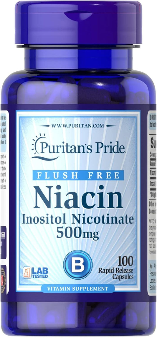 Flush Free Niacin 500mg Capsules - Puritan's Pride, 100 Count Bottle - Non-Flushing Vitamin B3 Supplement