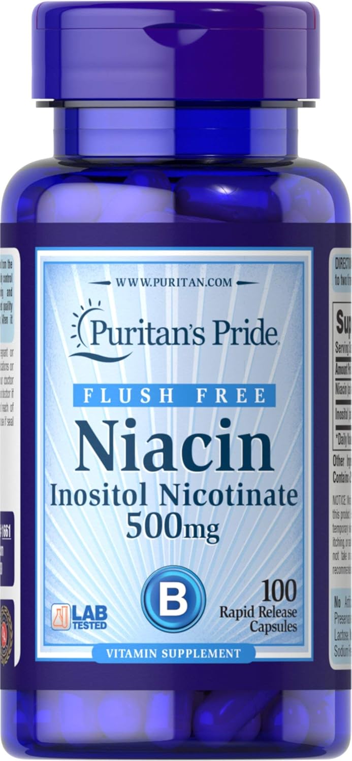Flush Free Niacin 500mg Capsules - Puritan's Pride, 100 Count Bottle - Non-Flushing Vitamin B3 Supplement