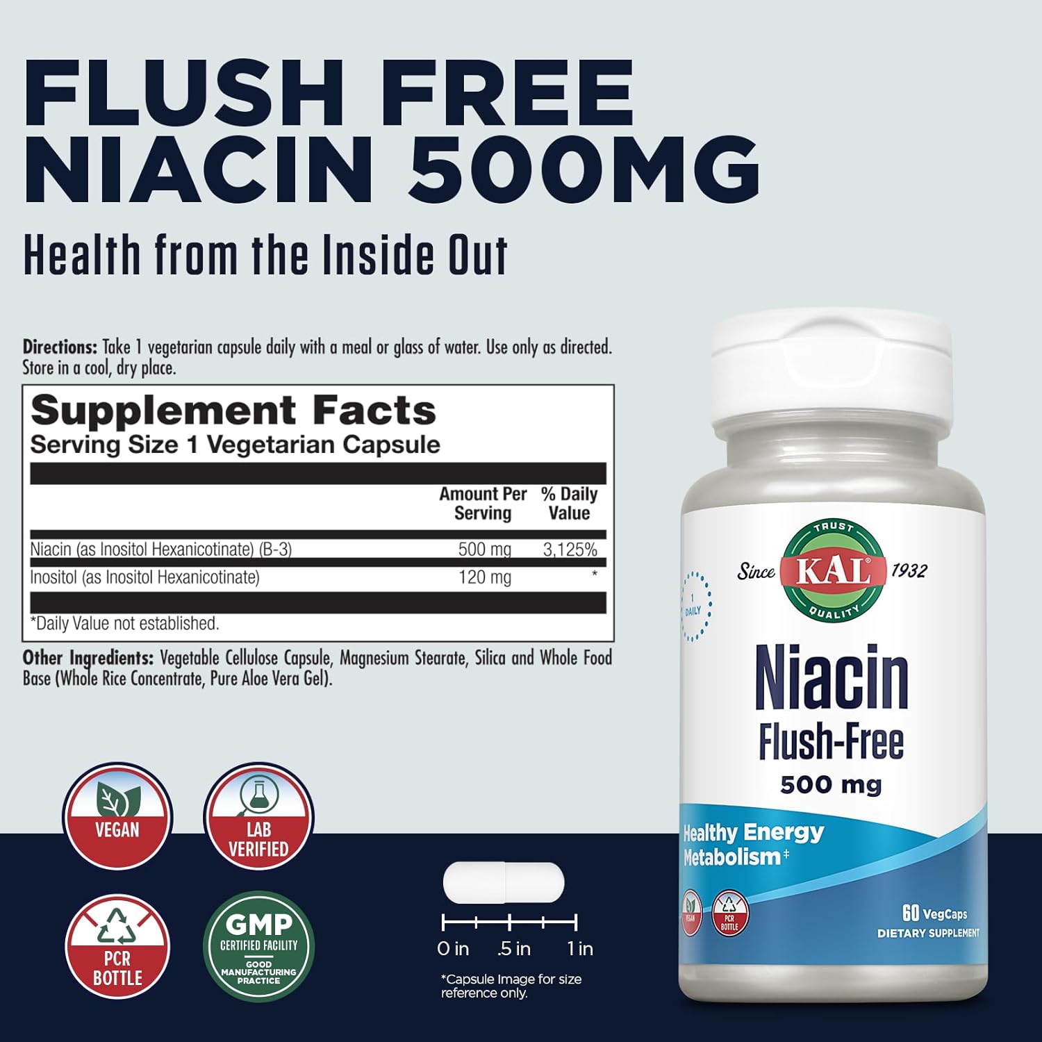 Flush-Free Niacin 500mg Vitamin B3 Supplement for Energy and Metabolism - Vegan Capsules for Skin, Nerve, Digestive Health - 60 Servings with 60-Day Guarantee