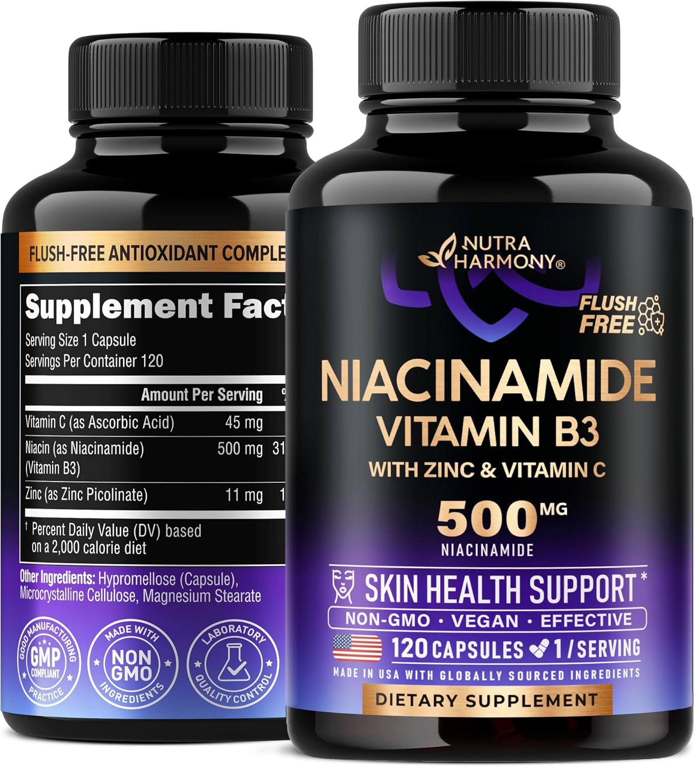 Flush-Free Niacinamide 500mg Supplement with Zinc & Vitamin C - Skin Health & Antioxidant Support - Vegan & Non-GMO - 120 Capsules - Made in USA