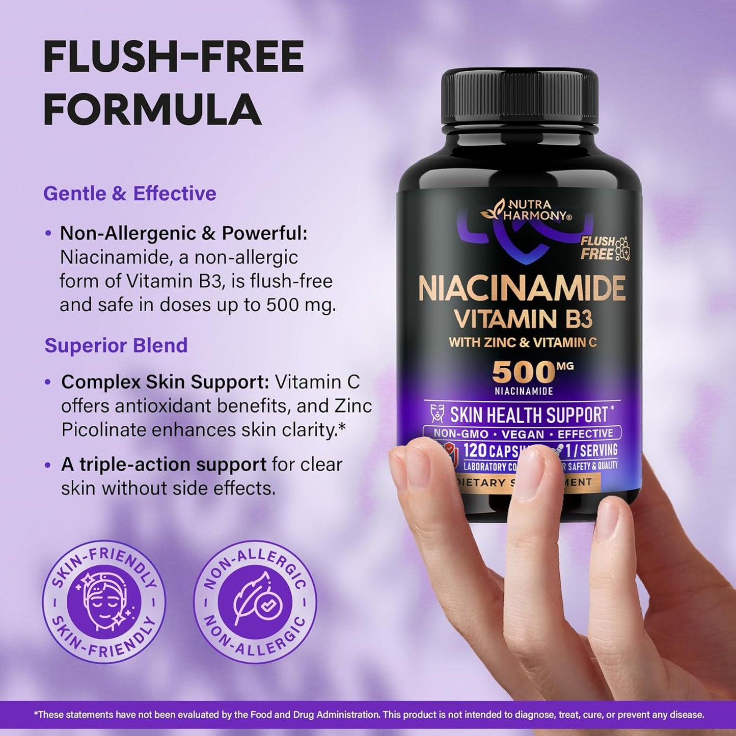 Flush-Free Niacinamide 500mg Supplement with Zinc & Vitamin C - Skin Health & Antioxidant Support - Vegan & Non-GMO - 120 Capsules - Made in USA