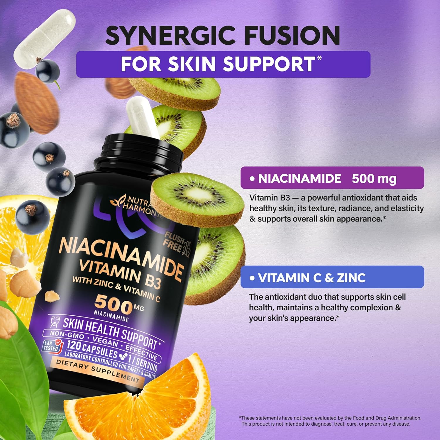 Flush-Free Niacinamide 500mg Supplement with Zinc & Vitamin C - Skin Health & Antioxidant Support - Vegan & Non-GMO - 120 Capsules - Made in USA