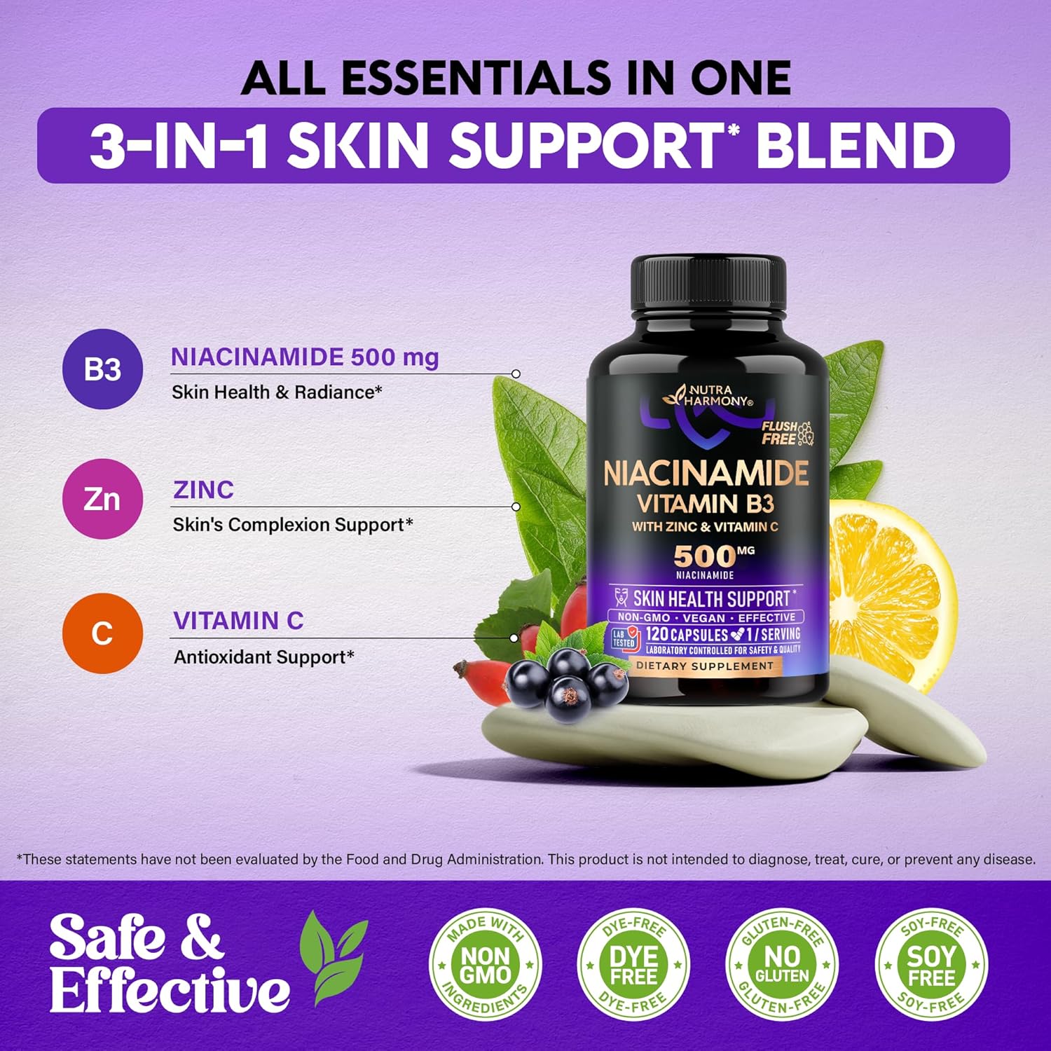Flush-Free Niacinamide 500mg Supplement with Zinc & Vitamin C - Skin Health & Antioxidant Support - Vegan & Non-GMO - 120 Capsules - Made in USA