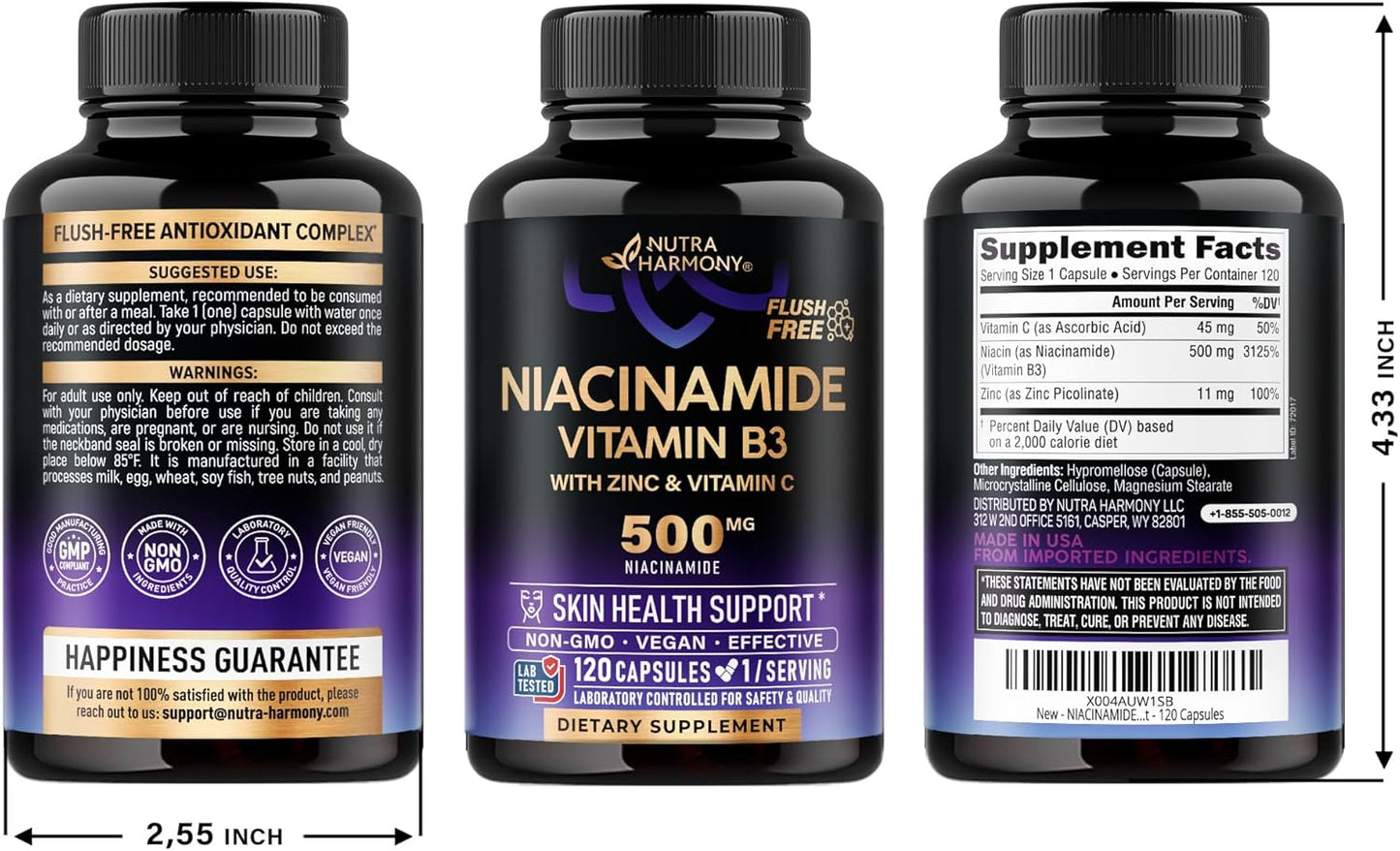 Flush-Free Niacinamide 500mg Supplement with Zinc & Vitamin C - Skin Health & Antioxidant Support - Vegan & Non-GMO - 120 Capsules - Made in USA