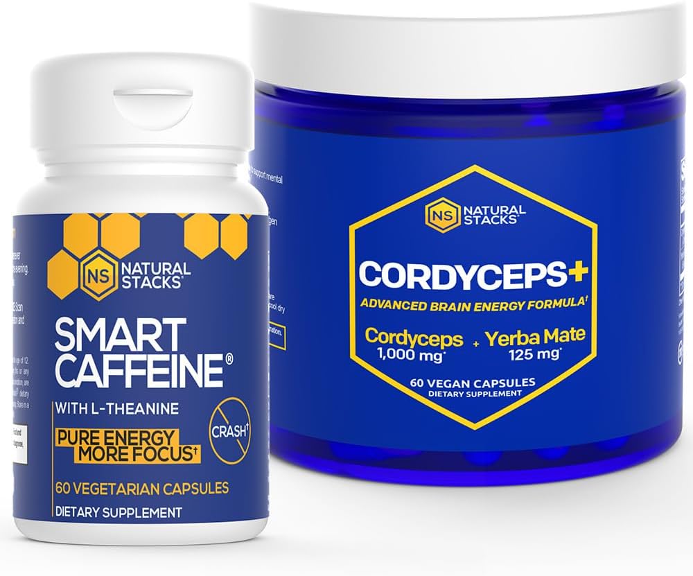Focus & Brain Energy Bundle: Natural Stacks Smart Caffeine + Cordyceps Mushroom - 120 Capsules