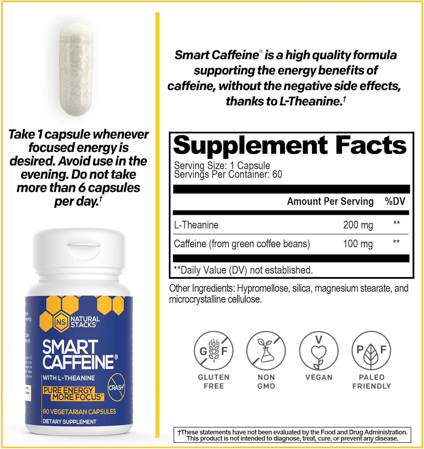 Focus & Brain Energy Bundle: Natural Stacks Smart Caffeine + Cordyceps Mushroom - 120 Capsules
