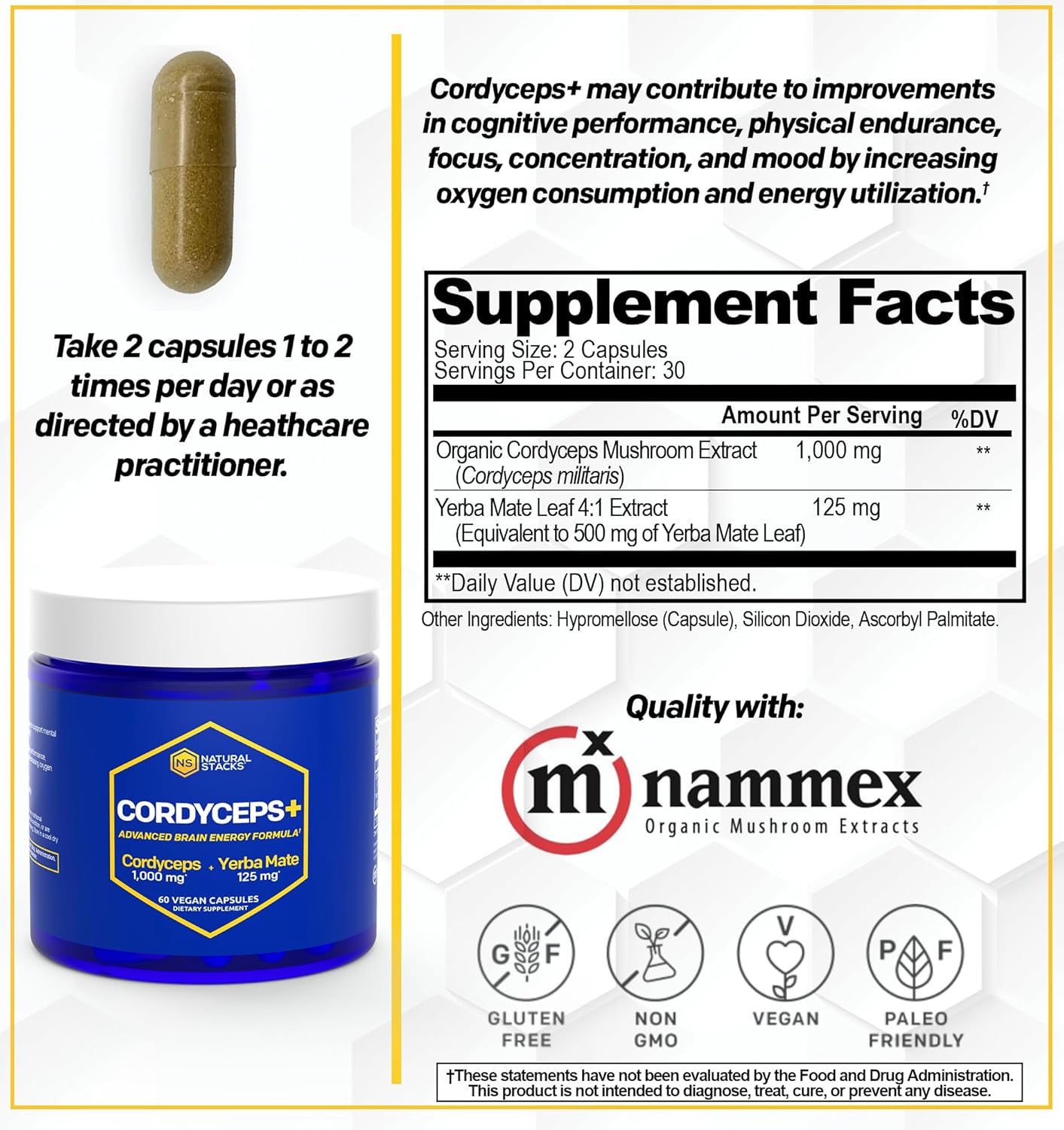 Focus & Brain Energy Bundle: Natural Stacks Smart Caffeine + Cordyceps Mushroom - 120 Capsules