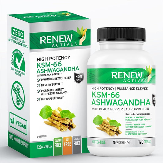 Focus & Mood Support: Renew Actives Ashwagandha KSM 66 Supplement with Black Pepper - Energy Boost & Sleep Aid - 120 Capsules