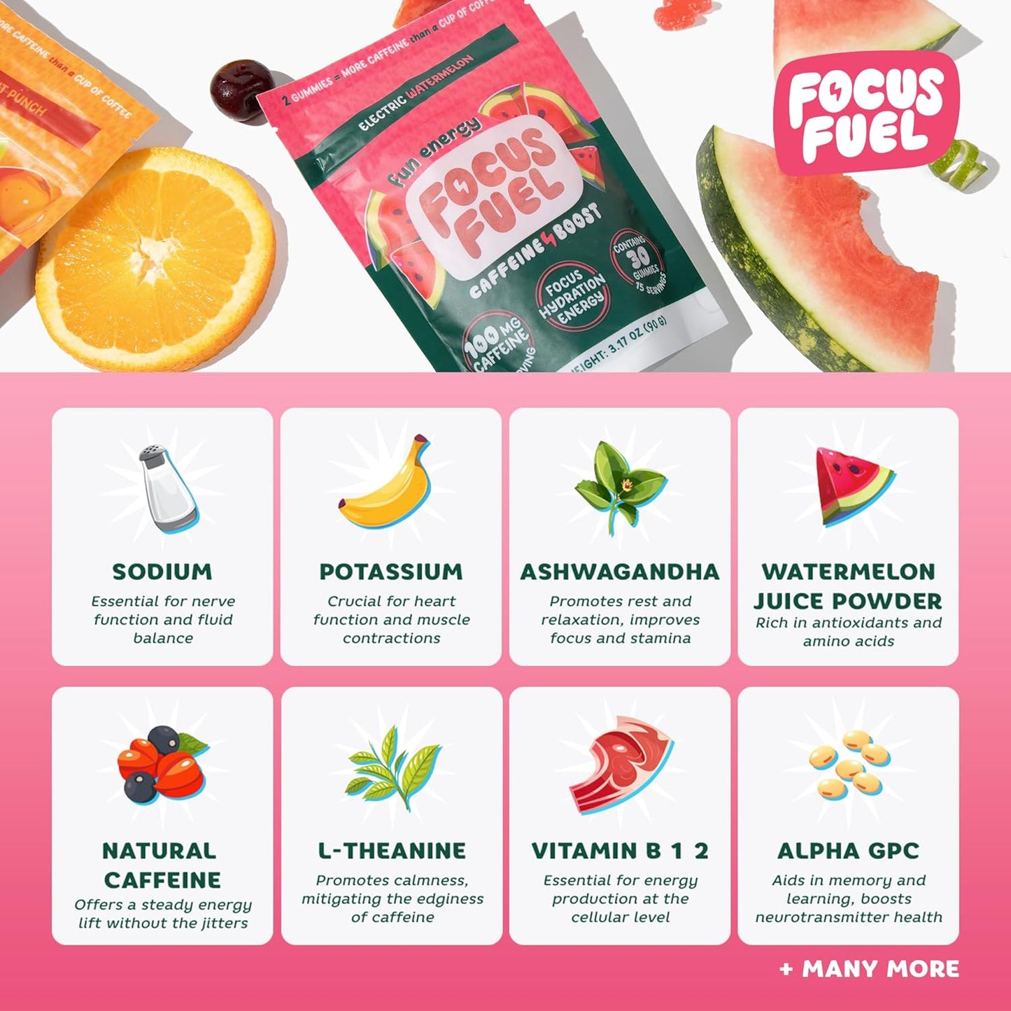 FocusFuel Energy Chews - Strawberry Lemonade Flavor with 100mg Caffeine, B12, Magnesium, Electrolytes, All-Natural Ingredients - 15 Servings