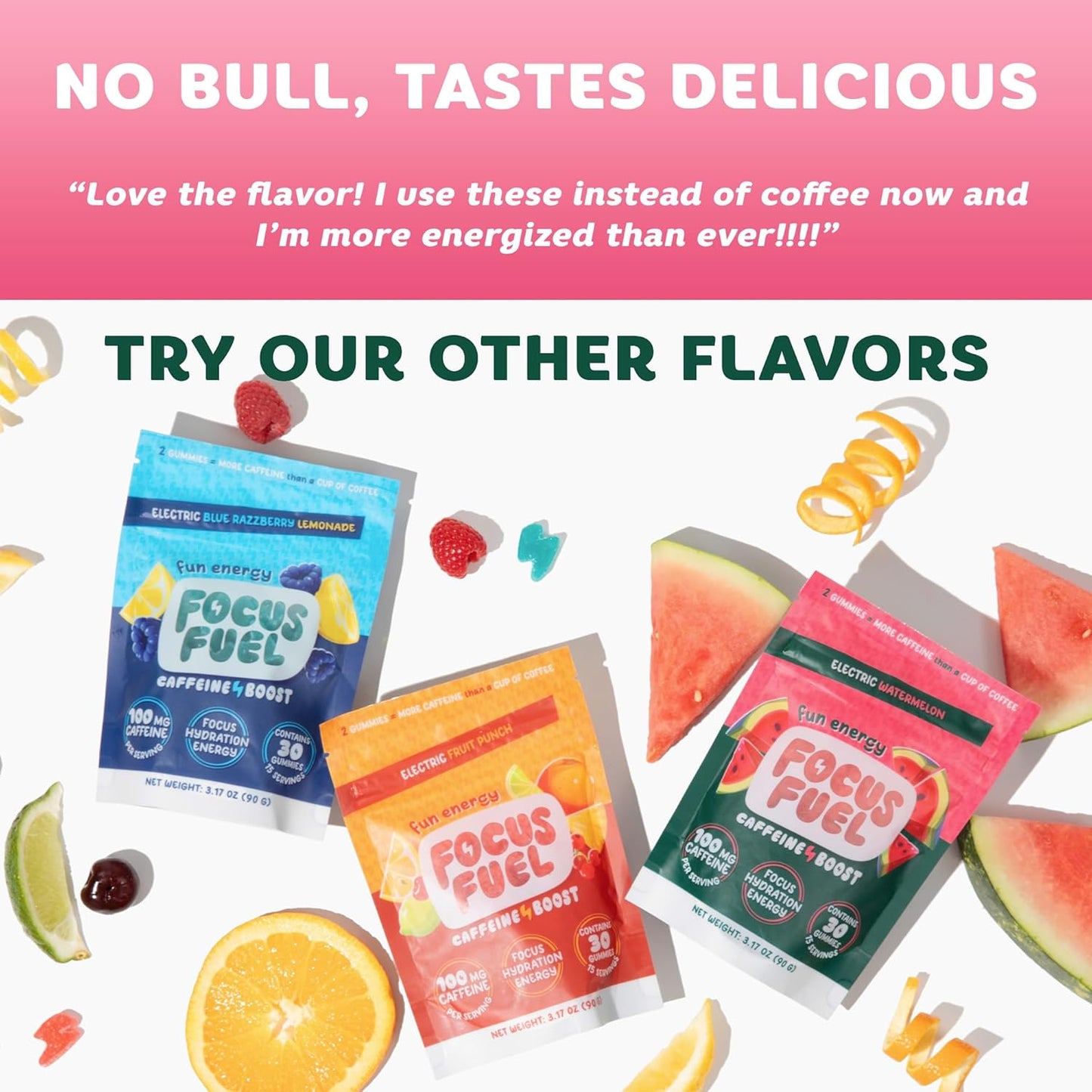 FocusFuel Energy Chews - Strawberry Lemonade Flavor with 100mg Caffeine, B12, Magnesium, Electrolytes, All-Natural Ingredients - 15 Servings