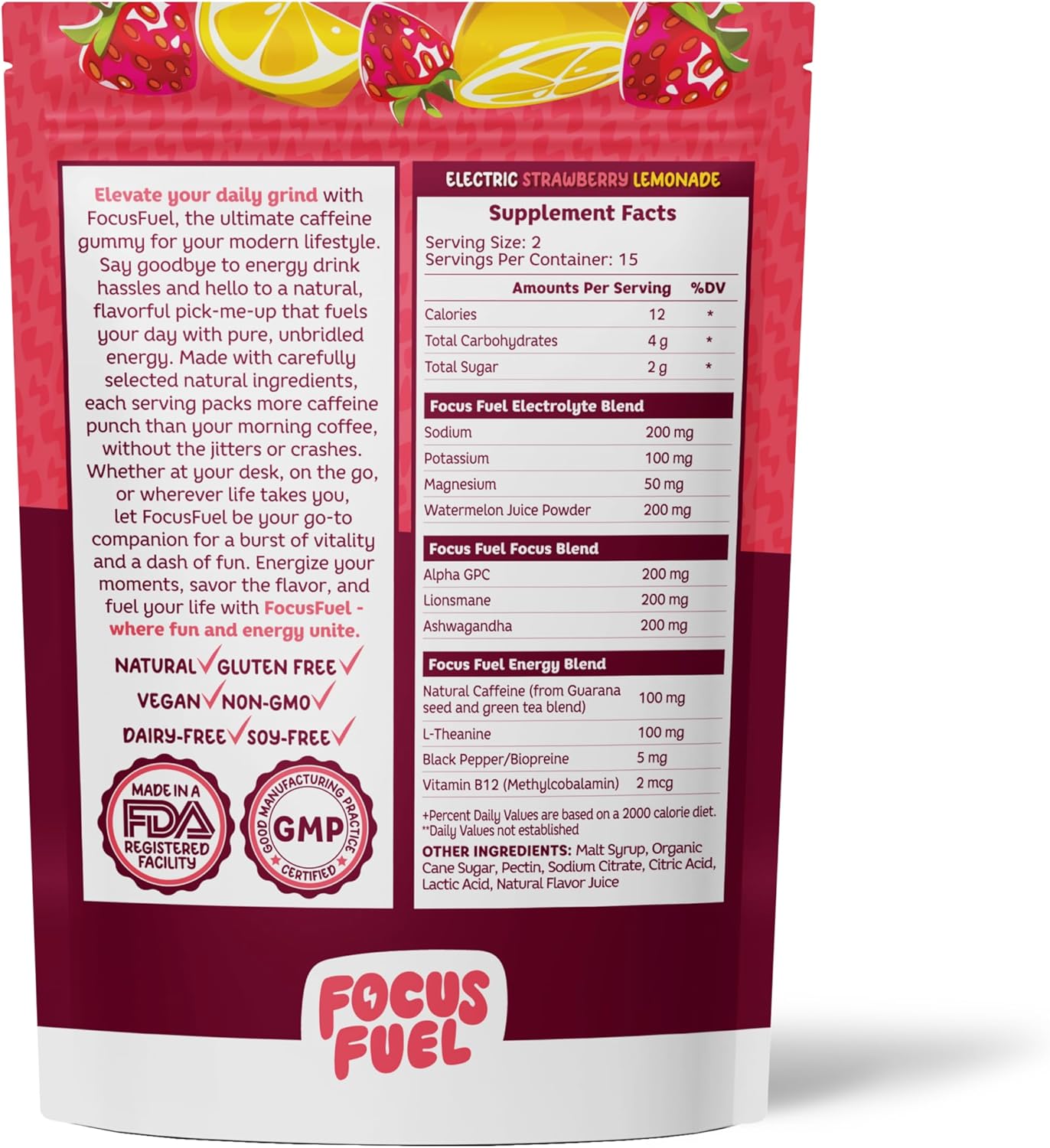 FocusFuel Energy Chews - Strawberry Lemonade Flavor with 100mg Caffeine, B12, Magnesium, Electrolytes, All-Natural Ingredients - 15 Servings