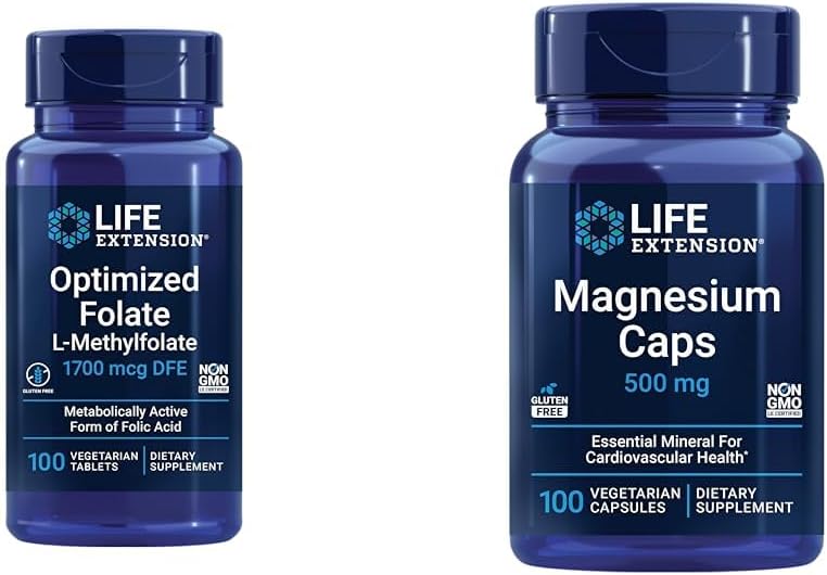 Folate and Magnesium Supplement Bundle for Brain and Heart Health, 100 Tablets and 100 Capsules
