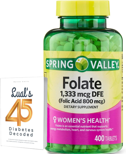 Folate Supplement for Women Pregnancy | Folic Acid 800 | 400 Count Bundle with Lual's 45 Diabetes Decoded - Spring Valley