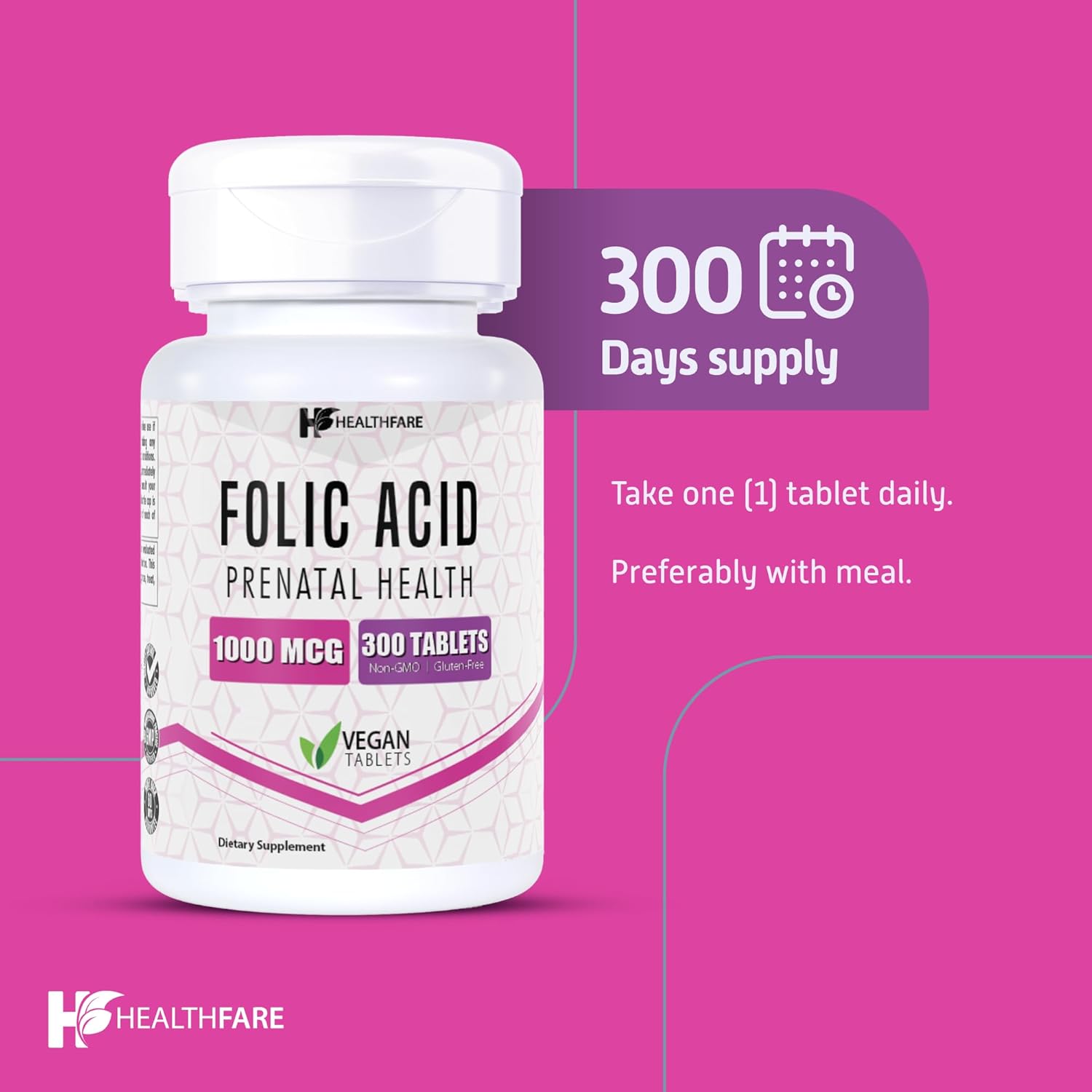 Folic Acid 1000 mcg Tablets - 300 Count | Vitamin B9 Supplement for Vegetarians | Gluten-Free & Non-GMO