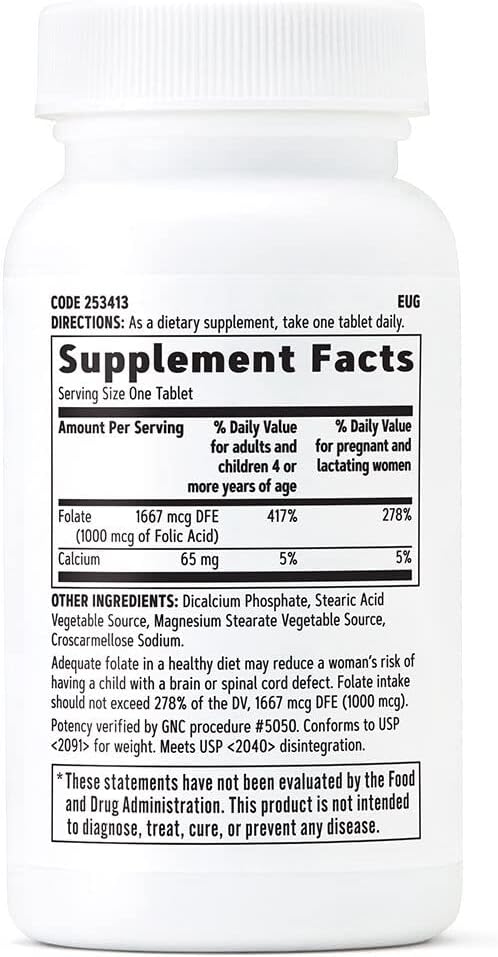 Folic Acid 1000mcg Supplement for Healthy Fetal Development | Supports Red Blood Cell Formation | Vegetarian Formula | 100 Count Bottle