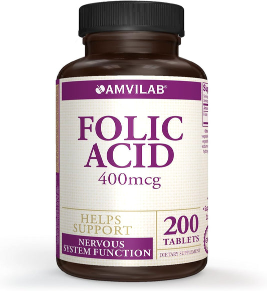 Folic Acid 400 mcg (670 mcg DFE) Dietary Supplement for Nervous System Health - 200 Tablets - 200 Day Supply
