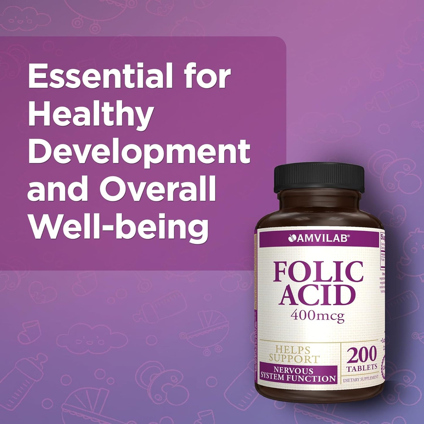 Folic Acid 400 mcg (670 mcg DFE) Dietary Supplement for Nervous System Health - 200 Tablets - 200 Day Supply