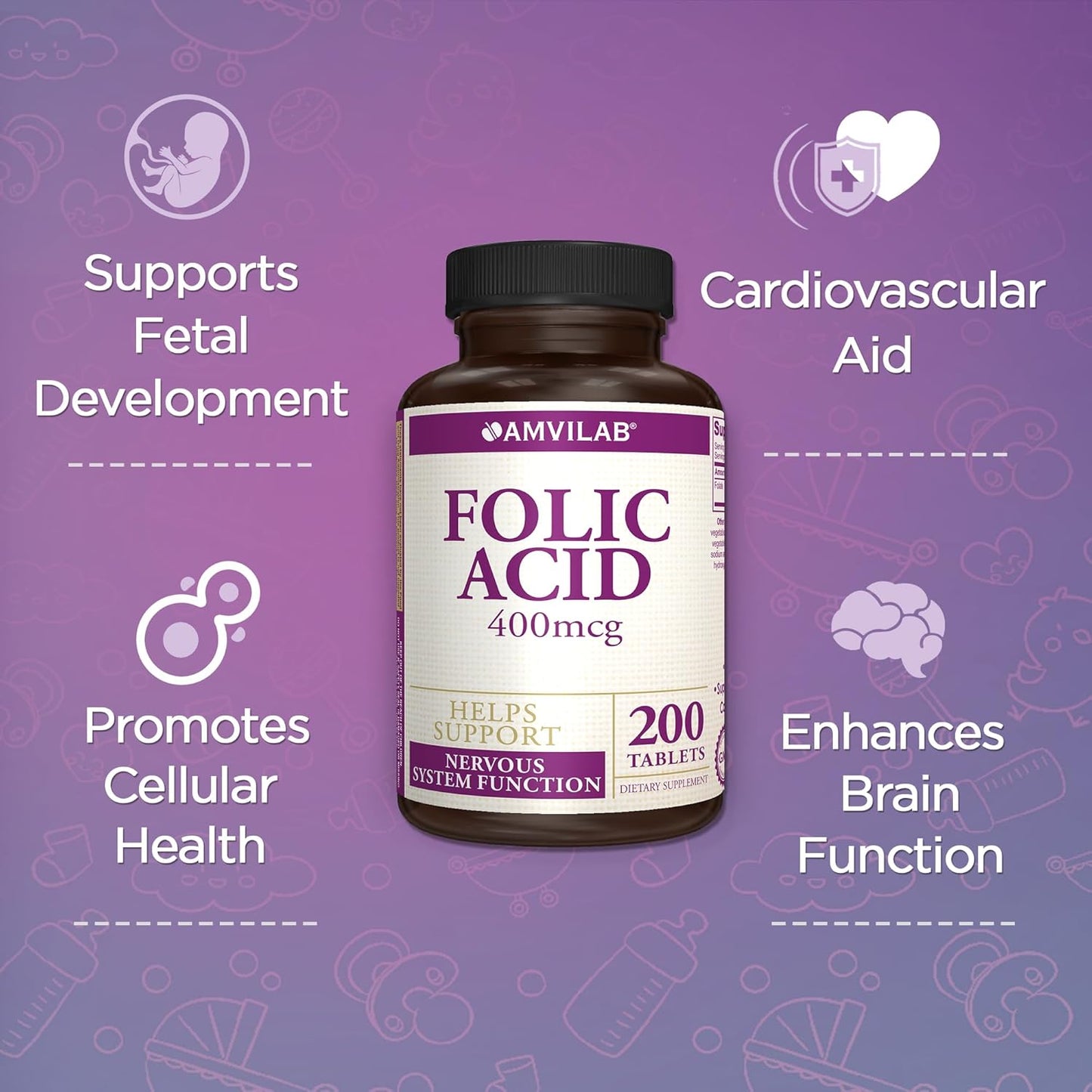 Folic Acid 400 mcg (670 mcg DFE) Dietary Supplement for Nervous System Health - 200 Tablets - 200 Day Supply