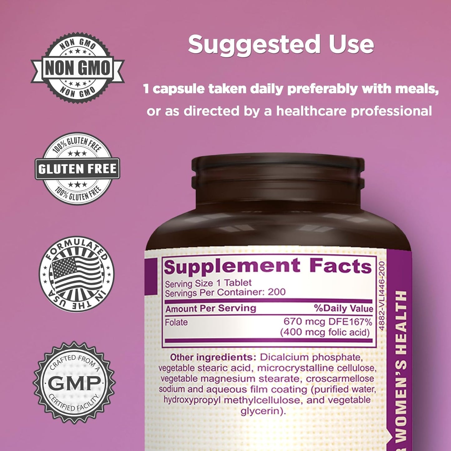 Folic Acid 400 mcg (670 mcg DFE) Dietary Supplement for Nervous System Health - 200 Tablets - 200 Day Supply