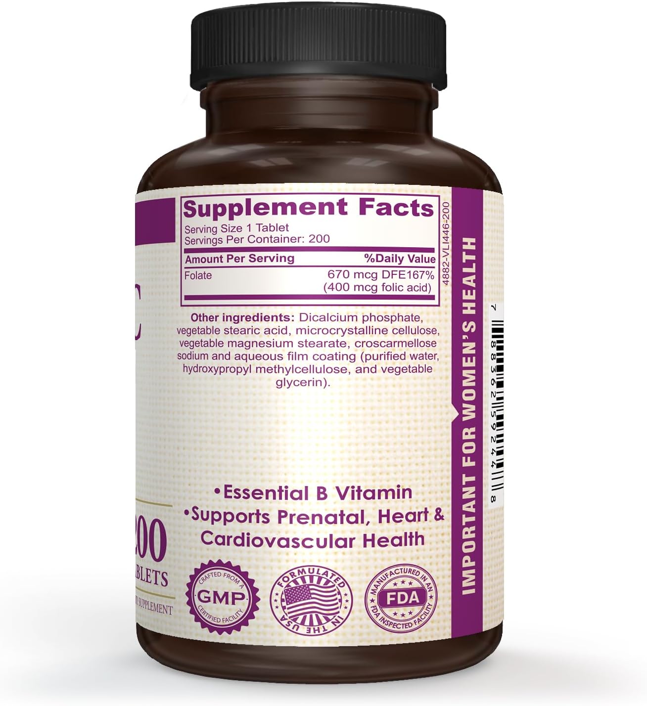 Folic Acid 400 mcg (670 mcg DFE) Dietary Supplement for Nervous System Health - 200 Tablets - 200 Day Supply