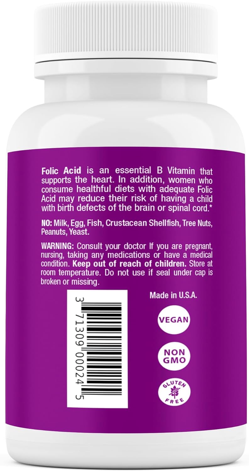Folic Acid 400 mcg Tablets - Essential Prenatal & Postnatal Vitamin for Fetal Development, Red Blood Cell Production, & Neural Development - Non-GMO, Vegan