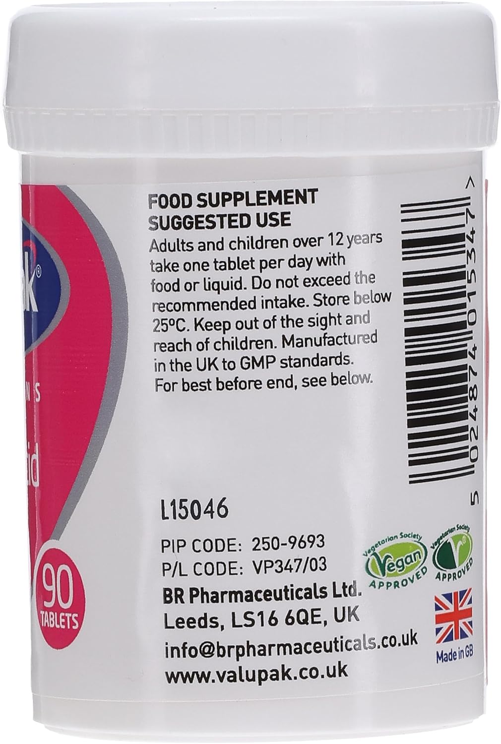Folic Acid 400mg Supplements - Valupak Vitamins for 90 Tablets