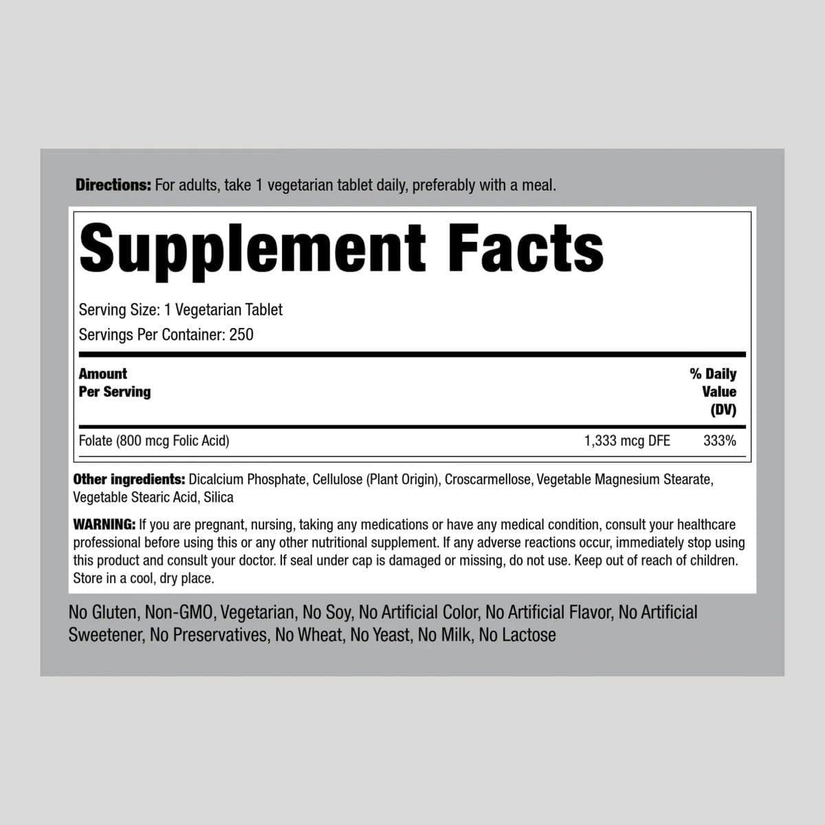 Folic Acid 800 mcg Capsules | 250 Tablets, Vegetarian, Non-GMO, Gluten Free