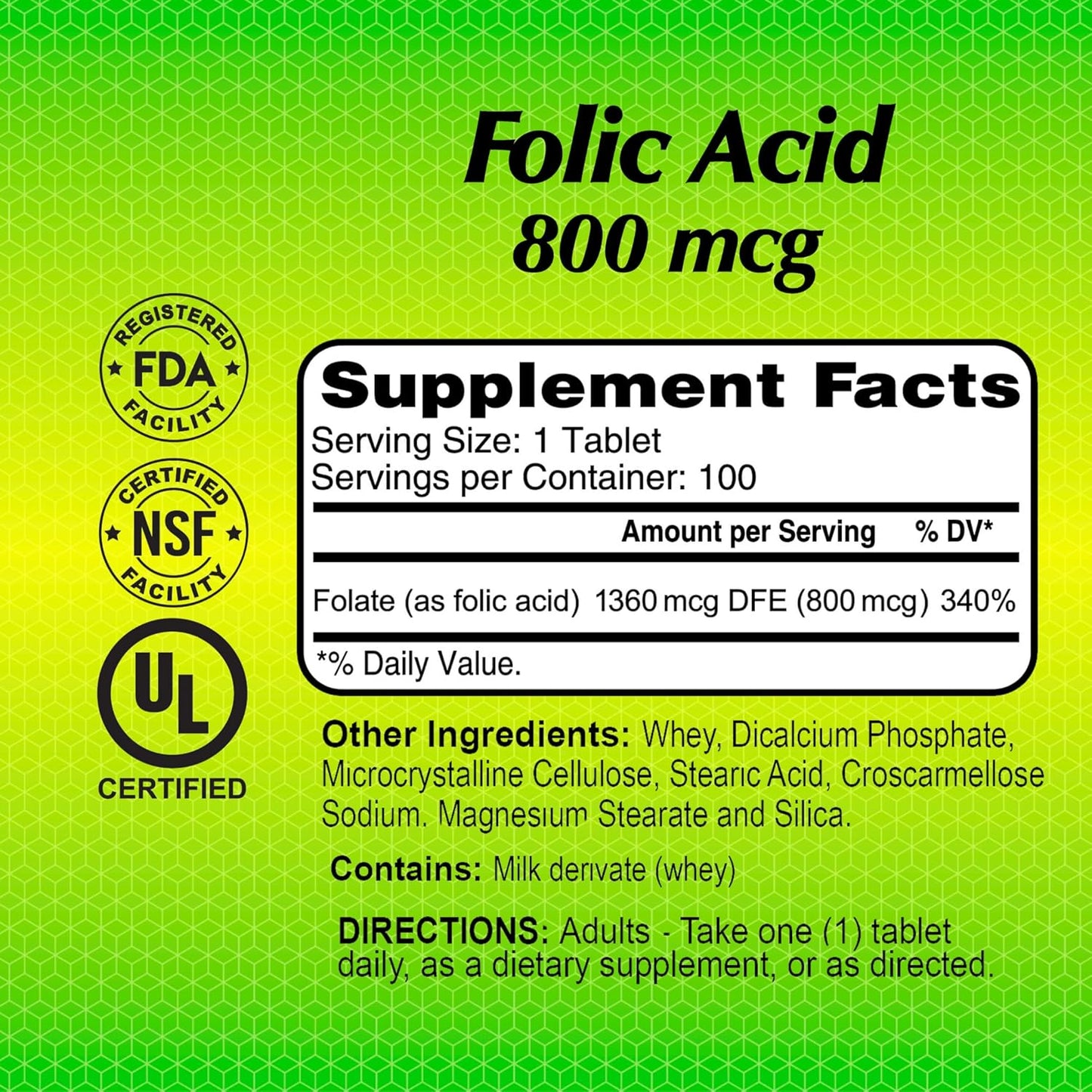 Folic Acid 800 Mcg Dietary Supplement for Cardiovascular Health, Metabolism, Brain, & Fetal Development - 100 Tablets