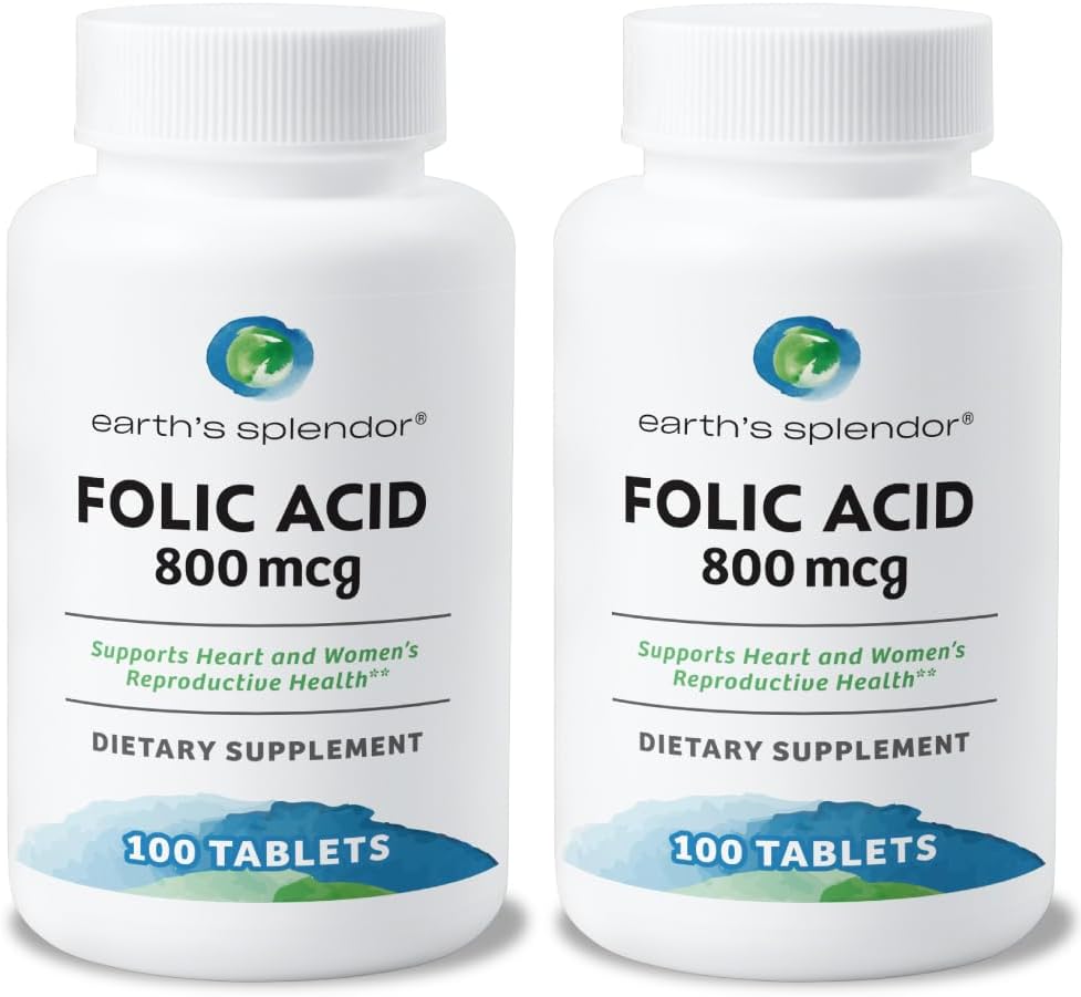 Folic Acid 800 mcg Supplement for Heart & Women's Health, 200 Tablets x 2 Pack, Smooth Coated Tablets for Easy Consumption