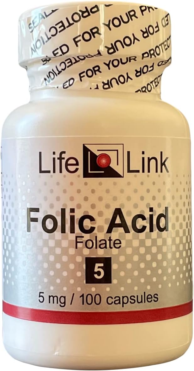 Folic Acid Capsules 5mg - 100 Count for Prenatal Health - Essential B Vitamin Supplement - Gluten Free & Non-GMO - Made in USA